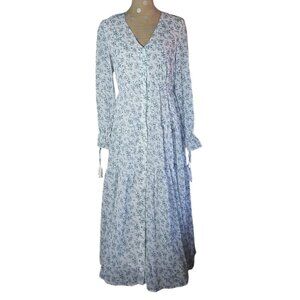 Morning Lavender Prairie Cottagecore Blue Floral Maxi Longsleeve Dress S